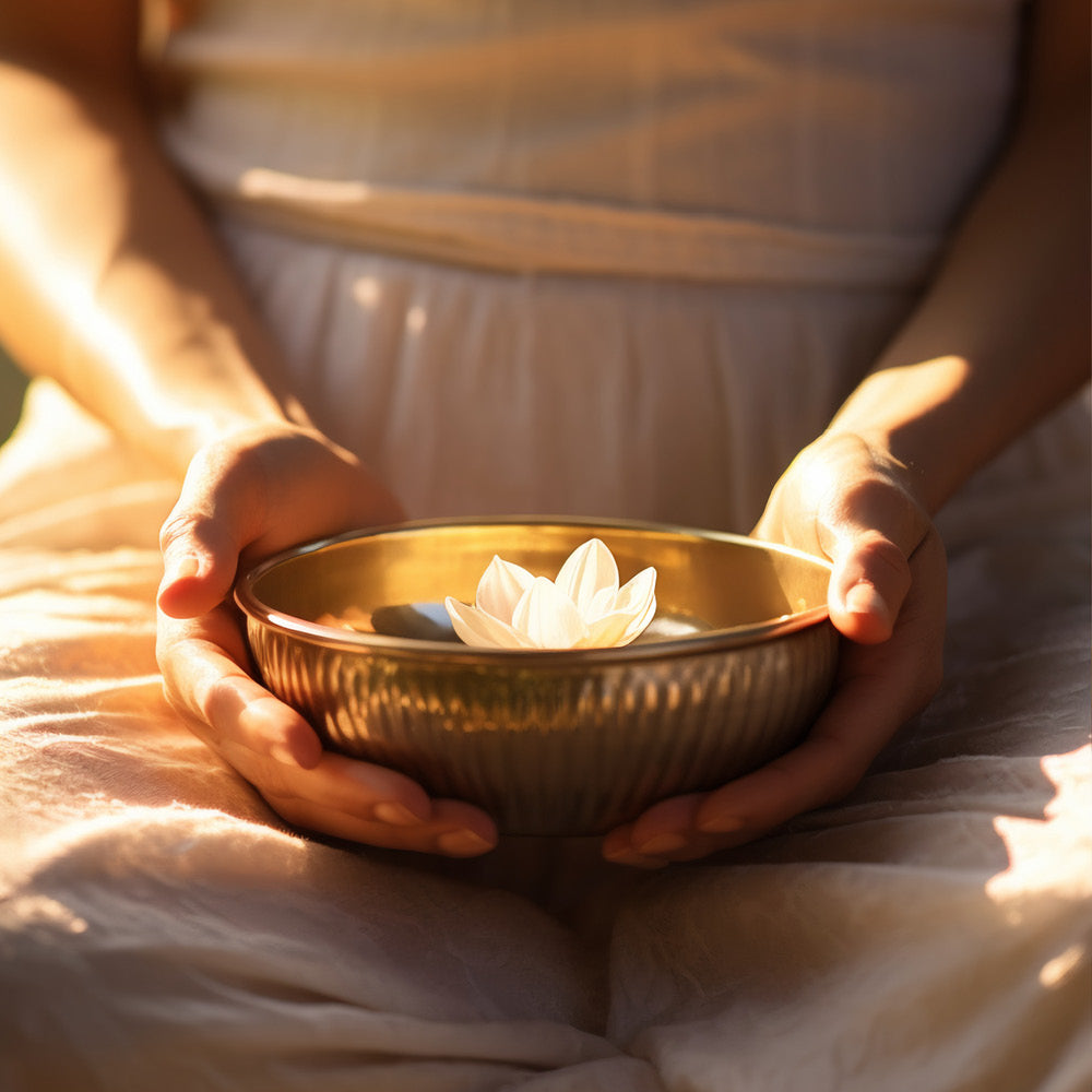 Woman holding bowl of water with lotus